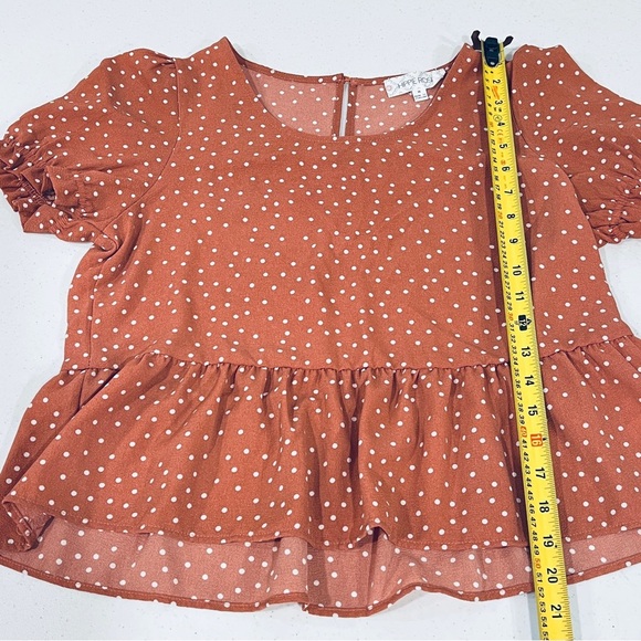 Hippie Rose medium Polka Dot Top Blouse Terracotta Rust Orange White Ruffle Hem - Picture 2 of 5